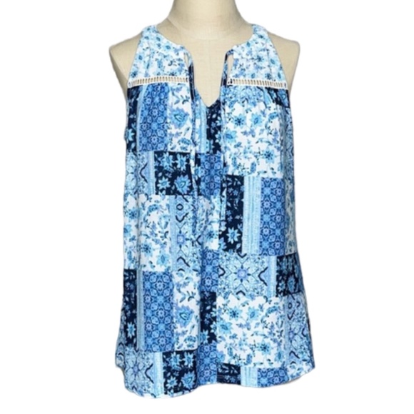 Nwt Cure patchwork Top women’s Small‎ floral blue white sleeveless blouse Shirt - Picture 1 of 6